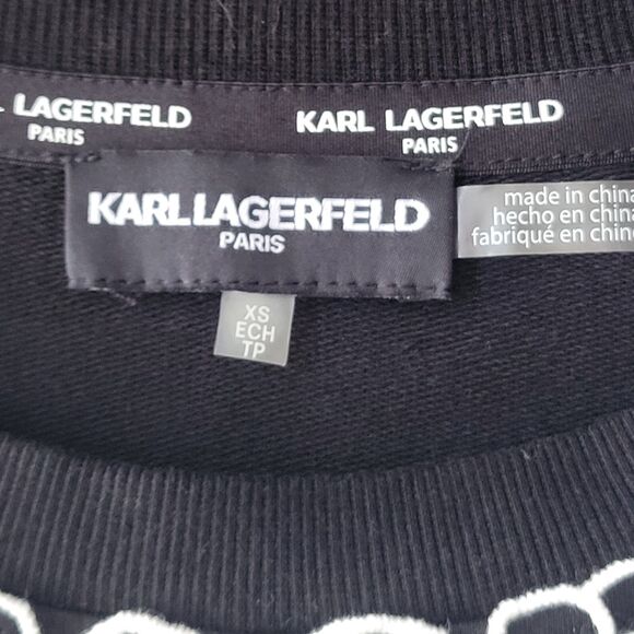 Karl Lagerfeld XS Black White Crochet Neckline Long-sleeved Shirt Blouse 826 - Picture 5 of 9